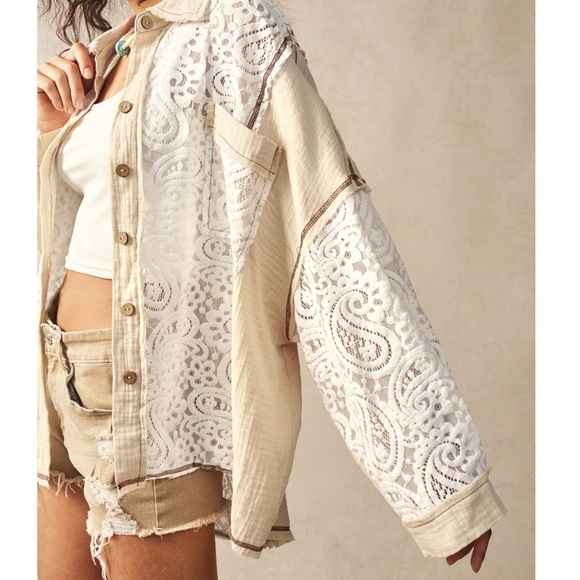 Boho Paisley Lace Oversized Button Down Long Sleeve Top - Picture 4 of 6